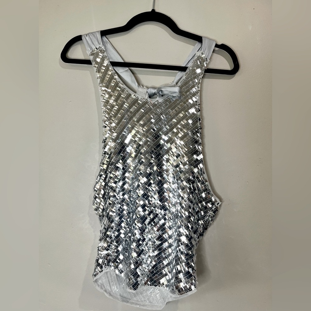 Free People Intimately Disco Fever Sequined Tank Top Satin Tie Cami Silver Small